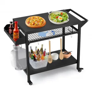 Outdoor Grill Cart, Pizza Oven Stand Table with Mesh Racks Dining Cart Table for Outside Patio, Movable Kitchen Cooking Prep Table BBQ Cart with Wheels for Home Party, Bar, Camping, Black