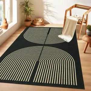 4x6 Machine Washable Area Rug Living Room Rug, Modern Black Rug Arch Pattern Rugs, Geometric Indoor Rug Soft Non Slip Low Pile Floor Carpet for Dining Room, Black/Beige