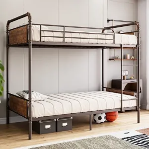 Bunk Bed Twin Over Twin with Ladder and High Guardrail, Twin Size Convertible Metal Bunk Beds for Kids/Teens/Adults,Easy Assembly, No Box Spring Needed,Vintage Brown
