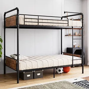 Bunk Bed Twin Over Twin with Ladder and High Guardrail, Twin Size Convertible Metal Bunk Beds for Kids/Teens/Adults,Easy Assembly, No Box Spring Needed,Vintage Black