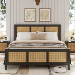 Full Size Rattan Bed Frame with Headboard, Black Boho Cane Platform Bed Frame with Strong Metal Slat, Noise Free, No Box Spring Needed