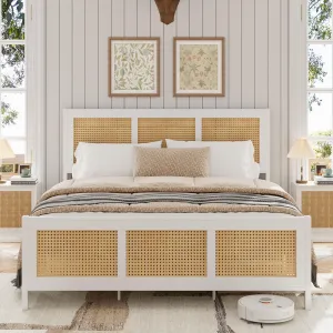 Full Size Rattan Bed Frame with Headboard, White Boho Cane Platform Bed Frame with Strong Metal Slat, Noise Free, No Box Spring Needed