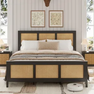 Queen Size Rattan Bed Frame with Headboard, Black Boho Cane Platform Bed Frame with Strong Metal Slat, Noise Free, No Box Spring Needed