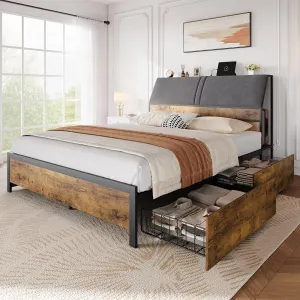 Queen Bed Frame with Charging Station and 4 Storage Drawers, Metal Platform Bed with Ergonomic Large Storage Headboard, Noise-Free, No Box Spring Needed, Rustic Brown