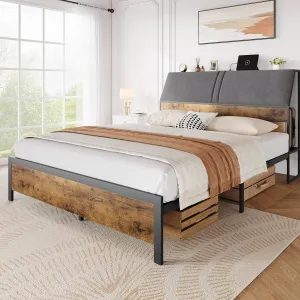 Full Bed Frame with Charging Station, Metal Platform Bed with Ergonomic Large Storage Headboard, Metal Slats Support, Noise-Free, No Box Spring Needed, Rustic Brown