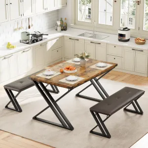 Dining Table Bench Set for 4 - Kitchen Table Set with 2 Benches, Dining Room Table Set with Sturdy Metal Frame, Saving Space for Kitchen, Dining Room (Vintage, 1.18“)