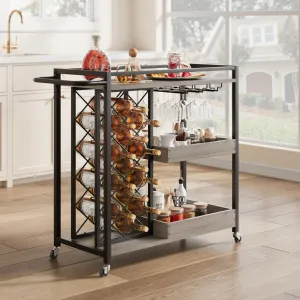 Bar Cart, 3 Tier Bar Carts for The Home, Home Bar & Serving Carts, Rolling Bar Cart with Wheels, Drink Cart with Wine Rack & Wine Glass Holder Up to 24 for Kitchen and Living Room-Grey