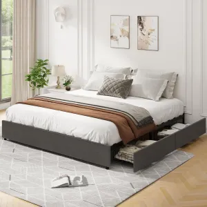 Platform Bed Frame, Fabric Upholstered with 4 Storage Drawers, No Box Spring Needed, Wooden Slats Support, Noise Free, Easy Assembly, Dark Grey(QUEEN)