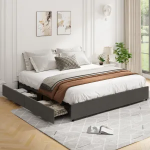 Platform Bed Frame, Fabric Upholstered with 4 Storage Drawers, No Box Spring Needed, Wooden Slats Support, Noise Free, Easy Assembly, Dark Grey(KING)