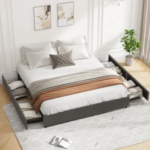 Platform Bed Frame, Fabric Upholstered with 4 Storage Drawers, No Box Spring Needed, Wooden Slats Support, Noise Free, Easy Assembly, Dark Grey (FULL)