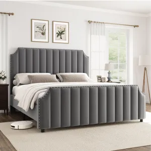 Queen Size Platform Bed Frame with 50.2" Headboard, Velvet Upholstered Bed Frame Queen with Vertical Channel Tufted Headboard & Footboard, Nailhead Trim, No Box Spring Needed, Grey