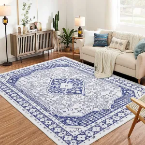 Washable Area Rugs for Living Room, 9x12 Stain Resistant No Slip Large Area Rug, Ultra-Thin Vintage Moroccan Soft Carpet for Bedroom Dining Room, Dark Blue