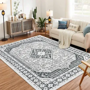 Washable Area Rugs for Living Room, 9x12 Stain Resistant No Slip Large Area Rug, Ultra-Thin Vintage Moroccan Soft Carpet for Bedroom Dining Room, Black Grey