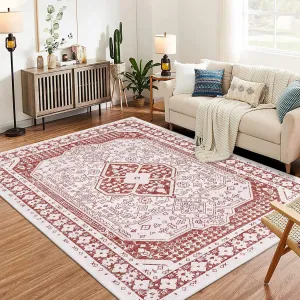 Washable Area Rugs for Living Room, 8x10 Stain Resistant No Slip Large Area Rug, Ultra-Thin Vintage Moroccan Soft Carpet for Bedroom Dining Room, Rusty Red
