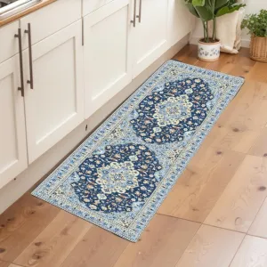 2x6 Ft Vintage Machine Washable Area Rug with Rubber Backing for Living Room, Bedroom, Kitchen - Blue