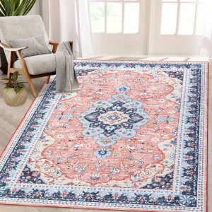 10x13 Ft Vintage Machine Washable Area Rug with Rubber Backing for Living Room, Bedroom, Kitchen, Dining Room, Home Office - Pink