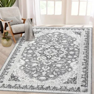 10x13 Ft Vintage Area Rug, Machine Washable, Low Pile, Non-Slip Rubber Backing, Gray for Living Room Bedroom Kitchen Dining Home Office