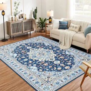 Washable Area Rug 8x10 Rugs for Living Room Bedroom Dining Room, Ultra-Thin Vintage Large Area Rug for Home Office Floor Decor, Stain Resistant Non Slip Backing Carpet, Blue