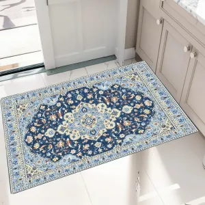 3x5 Area Rugs Vintage Machine Washable Low Pile Non-Slip Rug for Living Room Bedroom Kitchen Blue