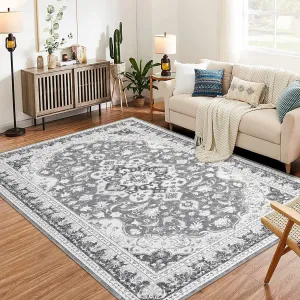 Washable Area Rug 8x10 Rugs for Living Room Bedroom Dining Room, Ultra-Thin Vintage Large Area Rug for Home Office Floor Decor, Stain Resistant Non Slip Backing Carpet, Grey