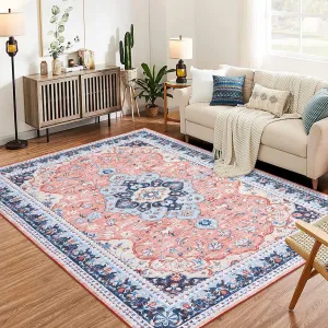 Washable Area Rug 5x7 Rugs for Living Room Bedroom Dining Room, Ultra-Thin Vintage Large Area Rug for Home Office Floor Decor, Stain Resistant Non Slip Backing Carpet, Pink