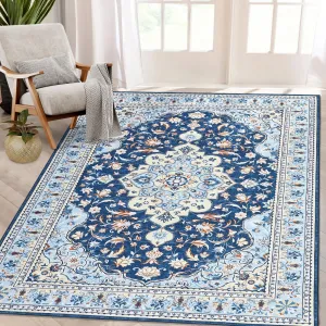 10x13 Ft Vintage Machine Washable Area Rug with Rubber Backing Non-Slip Carpet for Living Room Bedroom Kitchen Dining Room Home Office Blue