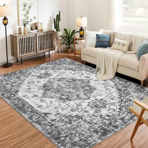 Vintage Area Rug for Living Room, 9x12 Low-Pile Machine Washable Rug, Non-Shedding Ultra-Thin Stain Resistant Indoor Floor Rugs with Non Slip Rubber Backing for Dining Room Bedroom, Grey