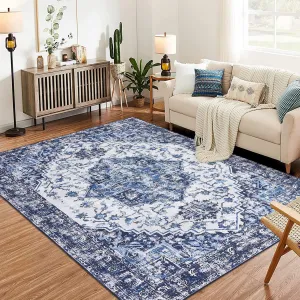 Vintage Area Rug for Living Room, 5x7 Low-Pile Machine Washable Rug, Non-Shedding Ultra-Thin Stain Resistant Indoor Floor Rugs with Non Slip Rubber Backing for Dining Room Bedroom, Blue