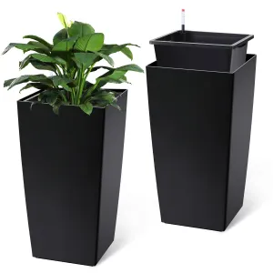 30" Tall Planters Set of 2 - Heavy Duty Indoor/Outdoor Pots with Drainage Holes, Water Level Monitor & Automatic Watering, Black