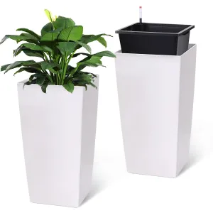 30" Tall Planter Set of 2,Heavy Duty Tall Planter,High Front Porch Planter Pots with Drainage Holes＆Water Level Monitor＆Inner Bucket, Automatic Watering,Indoor/Outdoor Grande Plant,Tree,White…