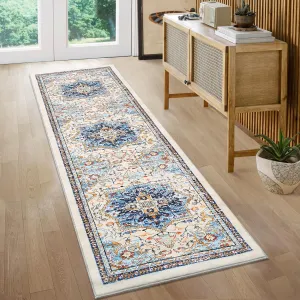 Washable Boho Tribal Runner Rug 2x6 - Non-Slip, Stain Resistant, Polyester, for Kitchen, Entryway, Hallway, Bathroom, Blue/Beige