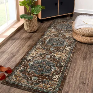 Boho Tribal Washable Runner Rug 2x6 - Non-Slip, Vintage Distressed - Wool-like Polyester, Stain Resistant - Brown/Green, Entryway/Bathroom