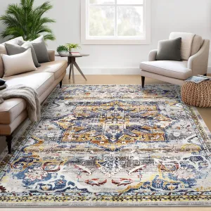 Washable Boho Rug 5x7 Non-Slip Vintage Medallion Pattern, Stain Resistant, Soft Polyester, Low Pile, Foldable, Ideal for Living Room, Bedroom, Dining Room