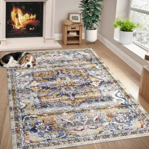 Vintage Boho Rug 9x12 Washable Non-Slip Soft Polyester for Bedroom Living Room Stain Resistant
