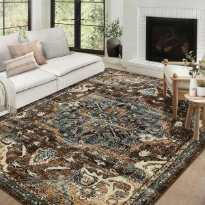 Washable Boho Area Rug 5x7 - Non-Slip, Stain Resistant, Wool-like Polyester, Distressed Vintage Medallion, Ideal for Living Room, Bedroom, Dining Room