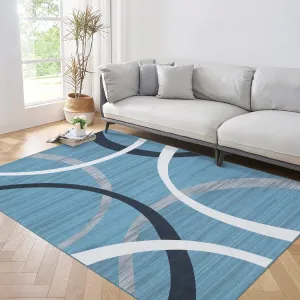 Washable Non Slip Low Pile Rug for Living Room Bedroom Office 9x12 Blue Modern Abstract