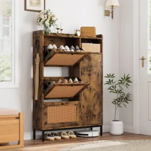 Rattan Shoe Storage Cabinet with 3 Flip Drawers, Freestanding Organizer with Adjustable Shelves for Entryway, Narrow Shoe Rack Cabinet for Hallway, Easy Assembly, Brown