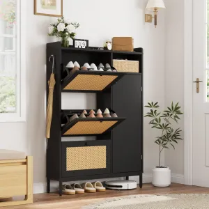 Rattan Shoe Storage Cabinet with 3 Flip Drawers, Freestanding Organizer with Adjustable Shelves for Entryway, Narrow Shoe Rack Cabinet for Hallway, Easy Assembly, Black