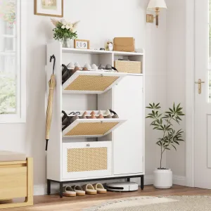 Rattan Shoe Storage Cabinet with 3 Flip Drawers, Freestanding Organizer with Adjustable Shelves for Entryway, Narrow Shoe Rack Cabinet for Hallway, Easy Assembly, White