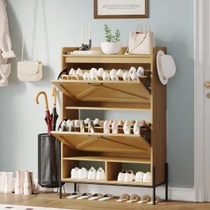 Shoe Storage Cabinet with 2 Flip Drawers, Freestanding Shoe Cabinet Organizer with Open Storage & Adjustable Feet, Fall Prevention Shlef, Wooden Shoe Rack for Entryway, Barn Door Design (Nature)