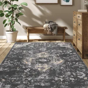 Area Rug 8x10 Washable Rugs for Living Room Distressed Vintage Rug for Bedroom Tribal Medallion Office Rug Low Pile Neutral Soft Nursery Rug Non Slip Farmhouse Floor Cover Black
