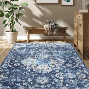 Washable Rugs 8x10 Rug for Living Room Distressed Vintage Rug for Bedroom Tribal Medallion Office Rug Low Pile Neutral Soft Nursery Rug Non Slip Farmhouse Floor Cover Navy Blue