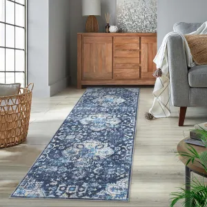 Runner Rug 2x6 Washable Rugs for Living Room Distressed Vintage Rug for Bedroom Tribal Medallion Office Rug Low Pile Neutral Soft Nursery Rug Non Slip Farmhouse Floor Cover Navy Blue