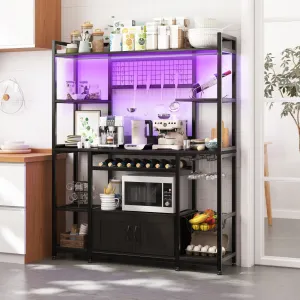 55" Bakers Rack with Power Outlet and LED Light, 5-Tier Kitchen Microwave Stand Coffee Bar with Storage, 10 Hooks, Wire Basket, Metal Grid, Wine Rack, Goblet Holder, Black