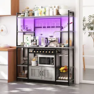 55" Bakers Rack with Power Outlet and LED Light, 5-Tier Kitchen Microwave Stand Coffee Bar with Storage, 10 Hooks, Wire Basket, Metal Grid, Wine Rack, Goblet Holder, Grey