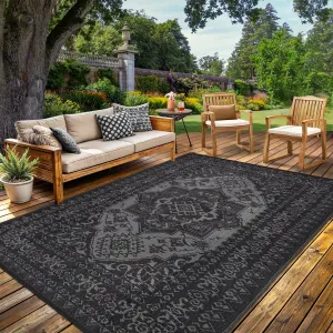 Reversible Outdoor Plastic Straw Rug 8x10ft – Waterproof, Non-Slip, UV Resistant, Collapsible Area Mat for Patio, Garden, Deck, Camping, Picnic – Easy to Clean, Black and Gray