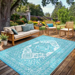 Outdoor Light Blue & White 8x10 Plastic Straw Rug, Waterproof Stain Resistant Reversible Carpet for Camping, Garden, Backyard, RV, Patio