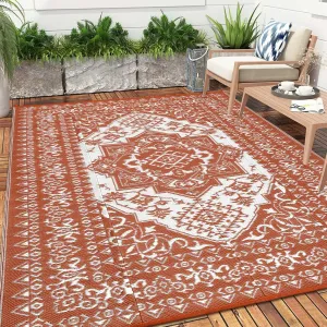 Outdoor Brick Red 10x20 Rug Waterproof Reversible Vintage Medallion Design Plastic Straw Mat with UV Protection & Quick Dry, Corner Loops & Stakes, for Patio & Camping