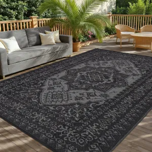 Reversible Waterproof Outdoor Rug - Vintage Medallion Plastic Straw Patio Carpet - UV Resistant, Easy to Clean, Large Mat for Patio, RV, Camping, Deck, Backyard, Beach - Black and Gray, 9x12ft