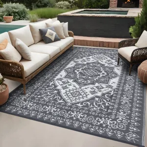 Outdoor Grey & White 8x10 Plastic Straw Rug, Waterproof Stain Resistant Reversible Carpet for Camping, Garden, Backyard, RV, Patio